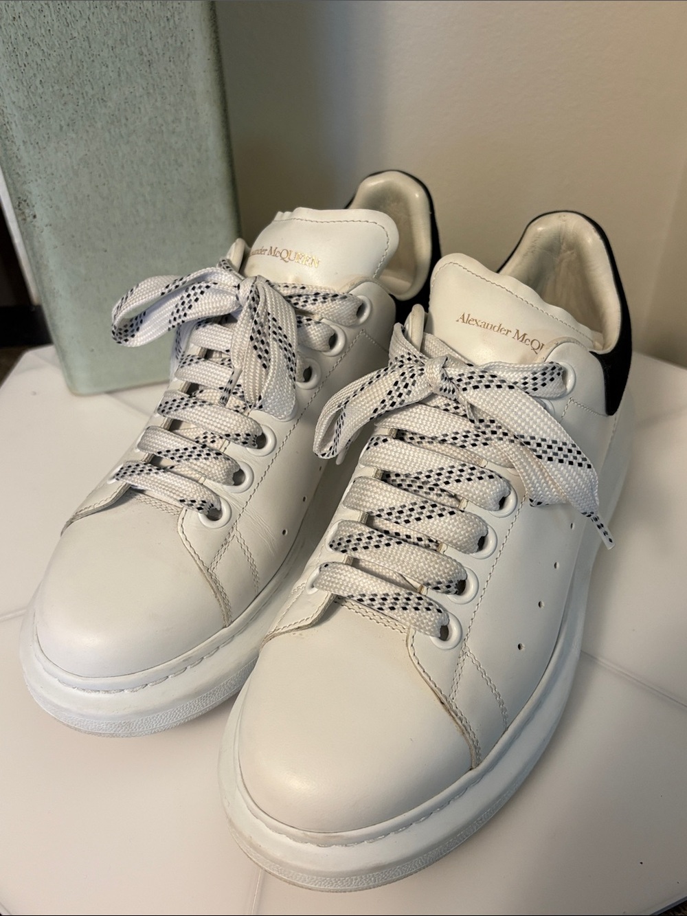 Alexander McQueen White Leather Platform Sneakers with Black Heel